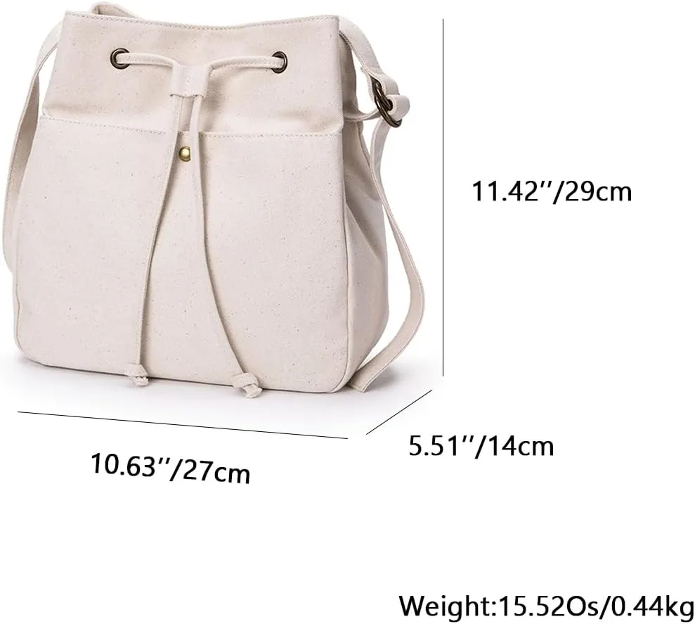 Drawstring Bucket Bag for Women with Adjustable Straps Canvas Material Multi pocket Crossbody Handbag Simple and Classic and Versatile (Beige)