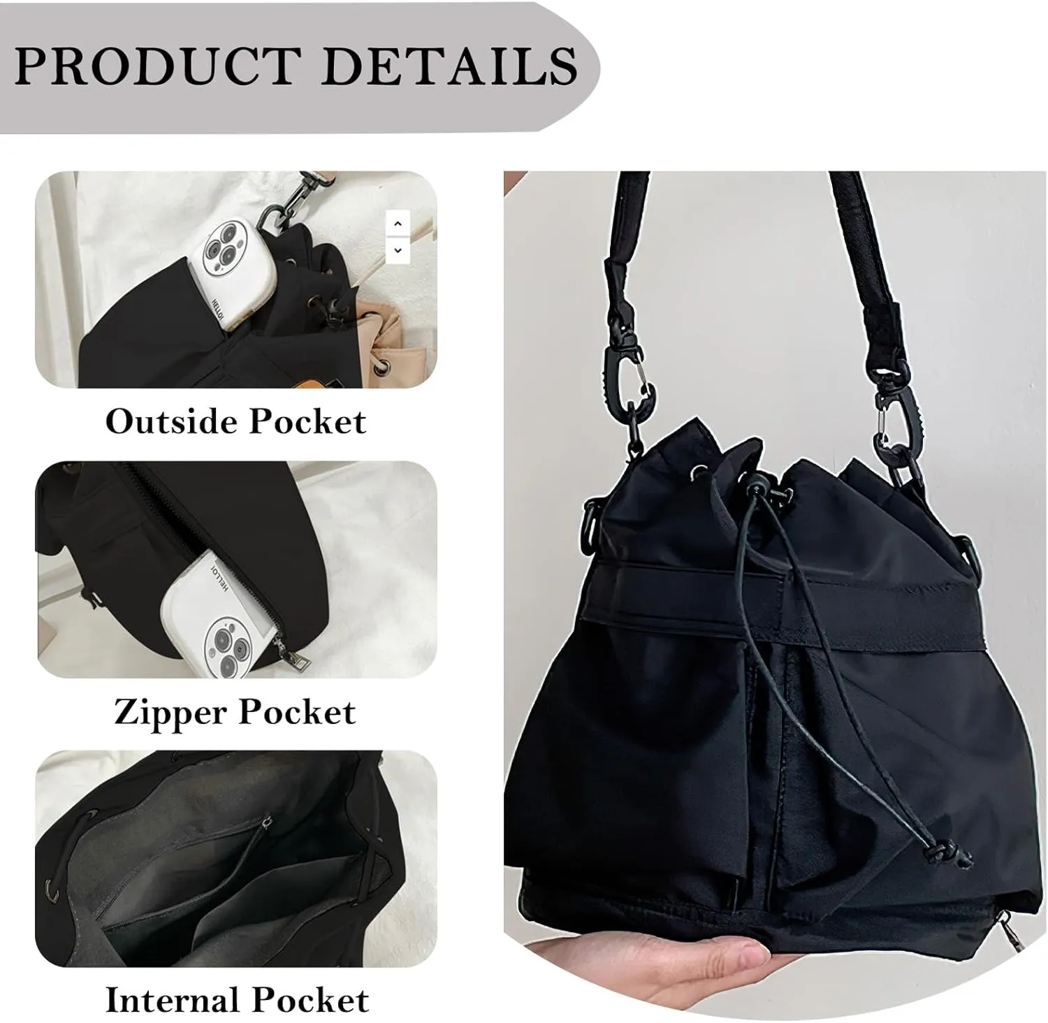 Drawstring Bucket Bag Nylon Crossbody Tote Bag Handbags for Women