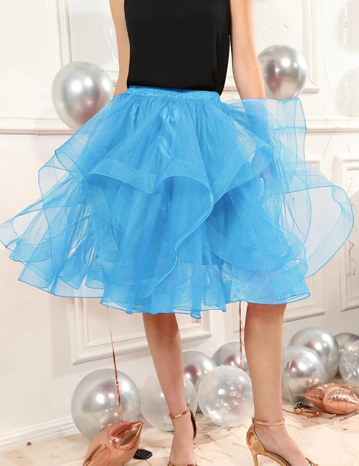 DRESSTELLS Tulle Skirts for Women, A Line Elastic Waist Tiered Layered Puffy Midi Long Party Tutu Skirt
