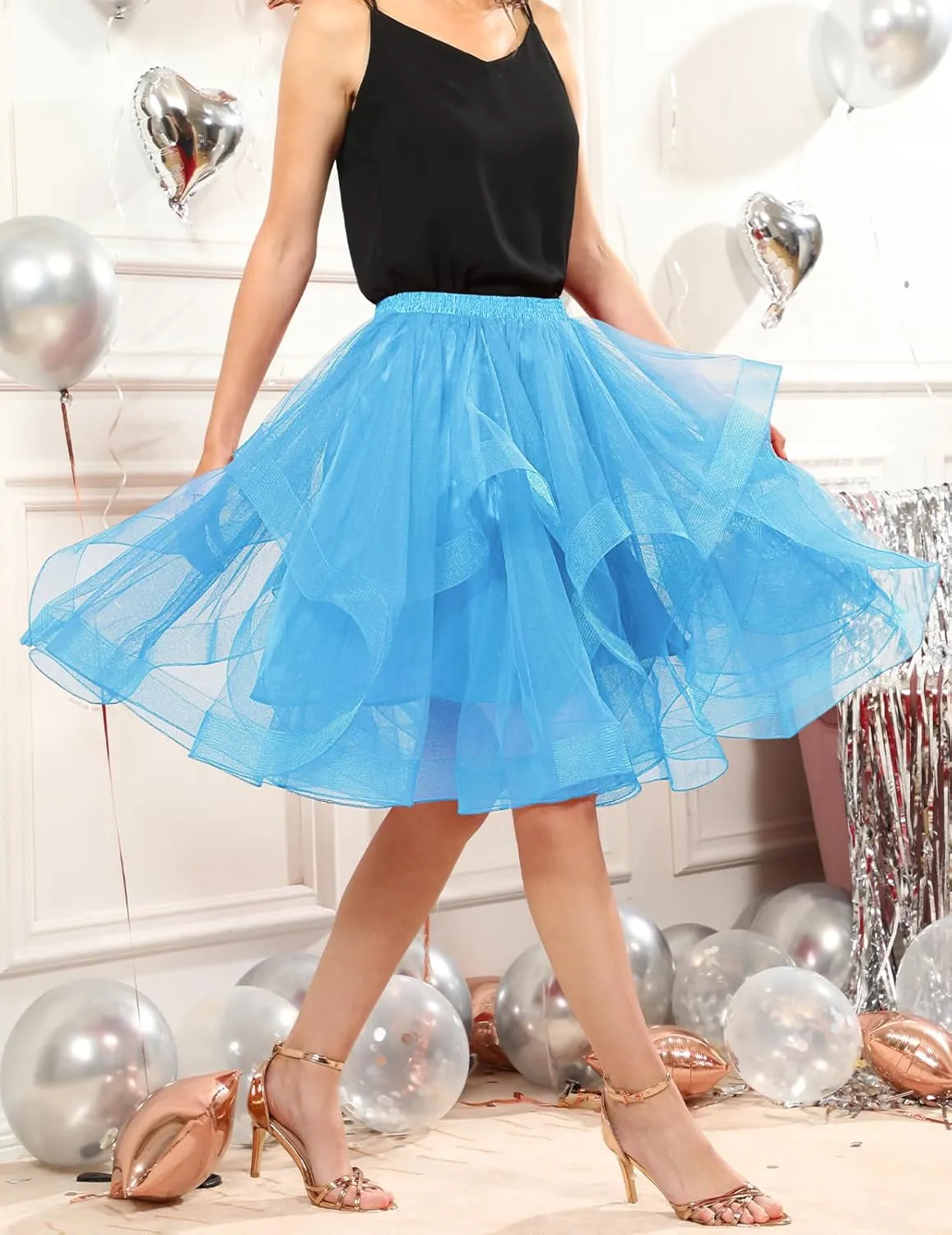 DRESSTELLS Tulle Skirts for Women, A Line Elastic Waist Tiered Layered Puffy Midi Long Party Tutu Skirt