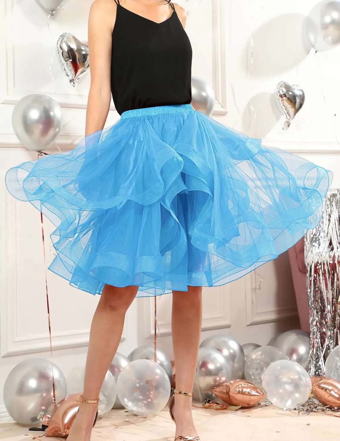DRESSTELLS Tulle Skirts for Women, A Line Elastic Waist Tiered Layered Puffy Midi Long Party Tutu Skirt