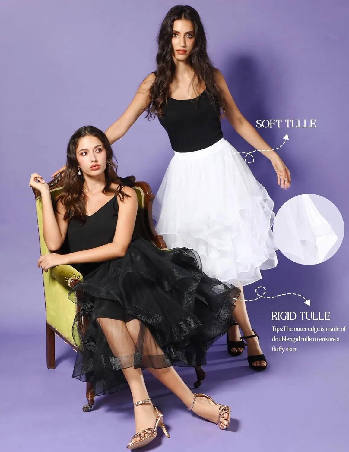 DRESSTELLS Tulle Skirts for Women, A Line Elastic Waist Tiered Layered Puffy Midi Long Party Tutu Skirt