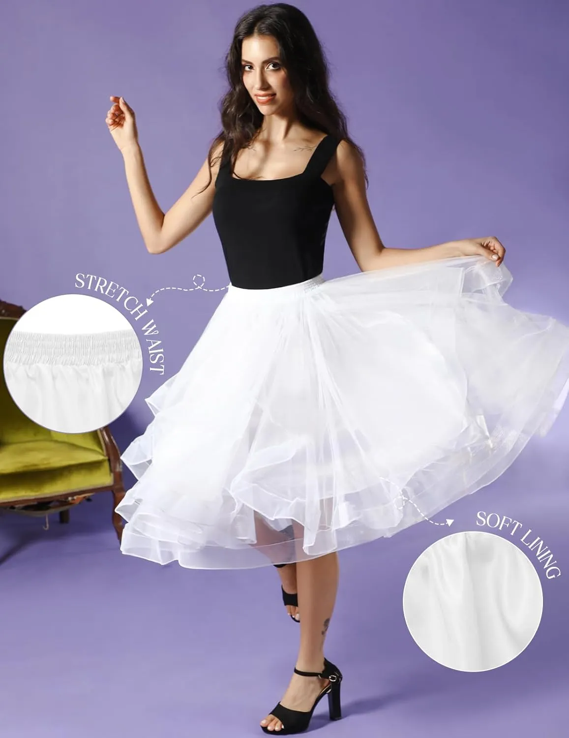 DRESSTELLS Tulle Skirts for Women, A Line Elastic Waist Tiered Layered Puffy Midi Long Party Tutu Skirt