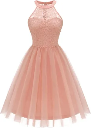 Dressystar Women's Short Halter Cocktail Party Dress Lace Tulle Prom Gown