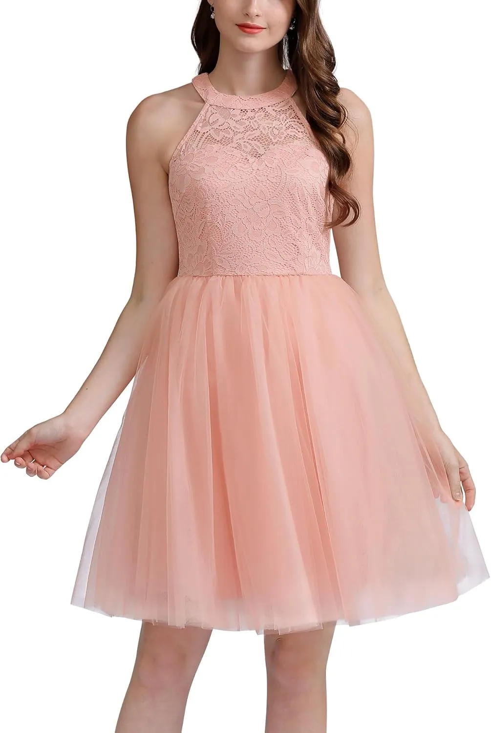 Dressystar Women's Short Halter Cocktail Party Dress Lace Tulle Prom Gown