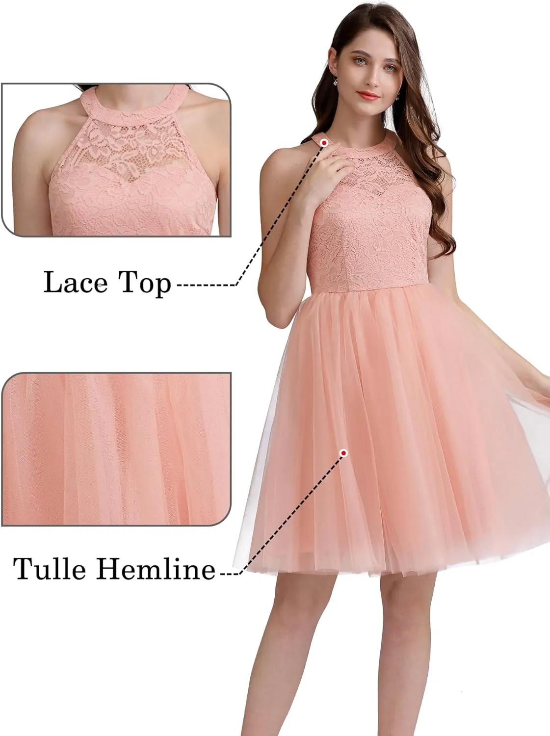Dressystar Women's Short Halter Cocktail Party Dress Lace Tulle Prom Gown