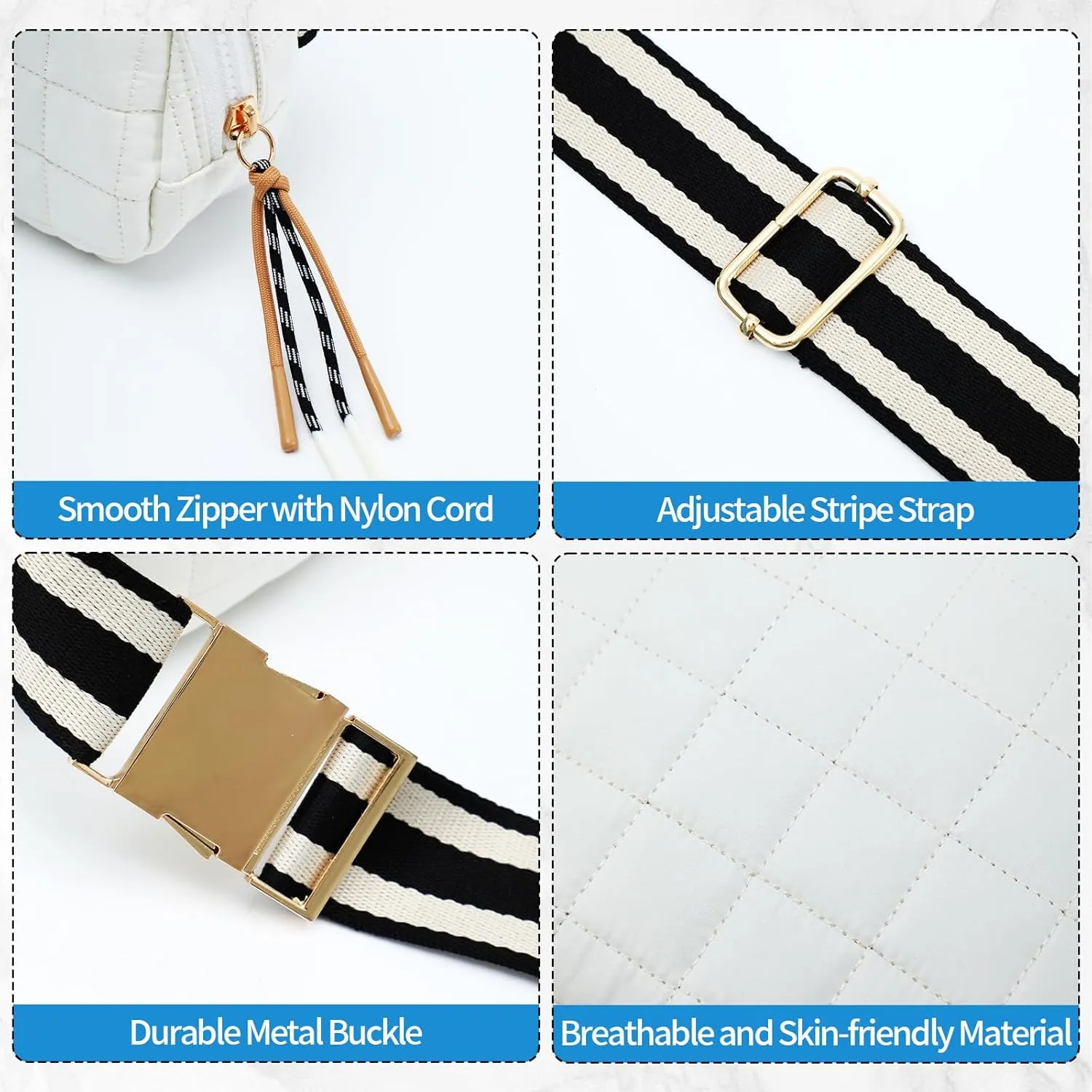 DYSHAYEN Quilted Belt Bag Fanny Pack Crossbody Bag for Women Everywhere Belt Bag with Stripe Strap,Fashion Waist Bag for Workout Running Traveling Hiking (White)