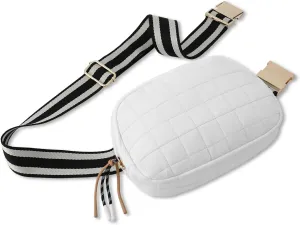 DYSHAYEN Quilted Belt Bag Fanny Pack Crossbody Bag for Women Everywhere Belt Bag with Stripe Strap,Fashion Waist Bag for Workout Running Traveling Hiking (White)