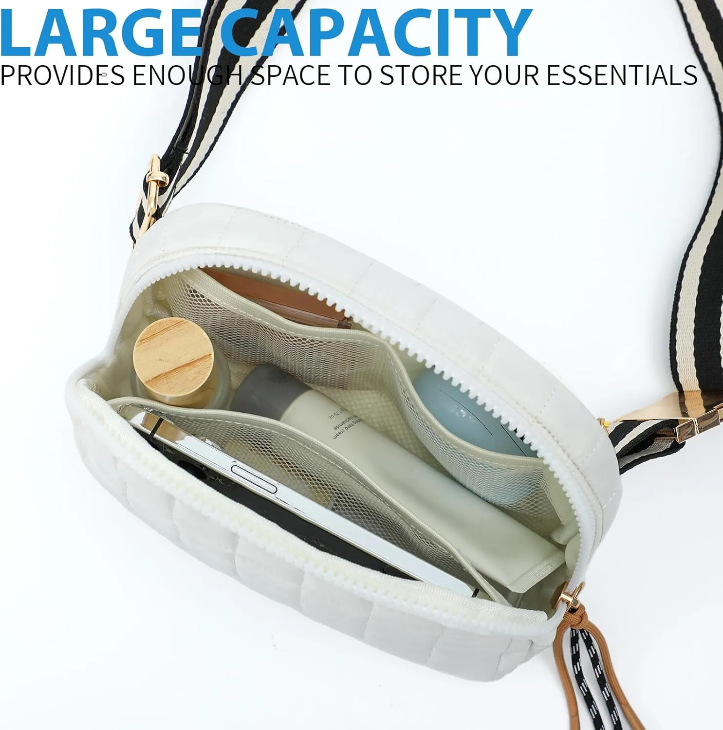 DYSHAYEN Quilted Belt Bag Fanny Pack Crossbody Bag for Women Everywhere Belt Bag with Stripe Strap,Fashion Waist Bag for Workout Running Traveling Hiking (White)
