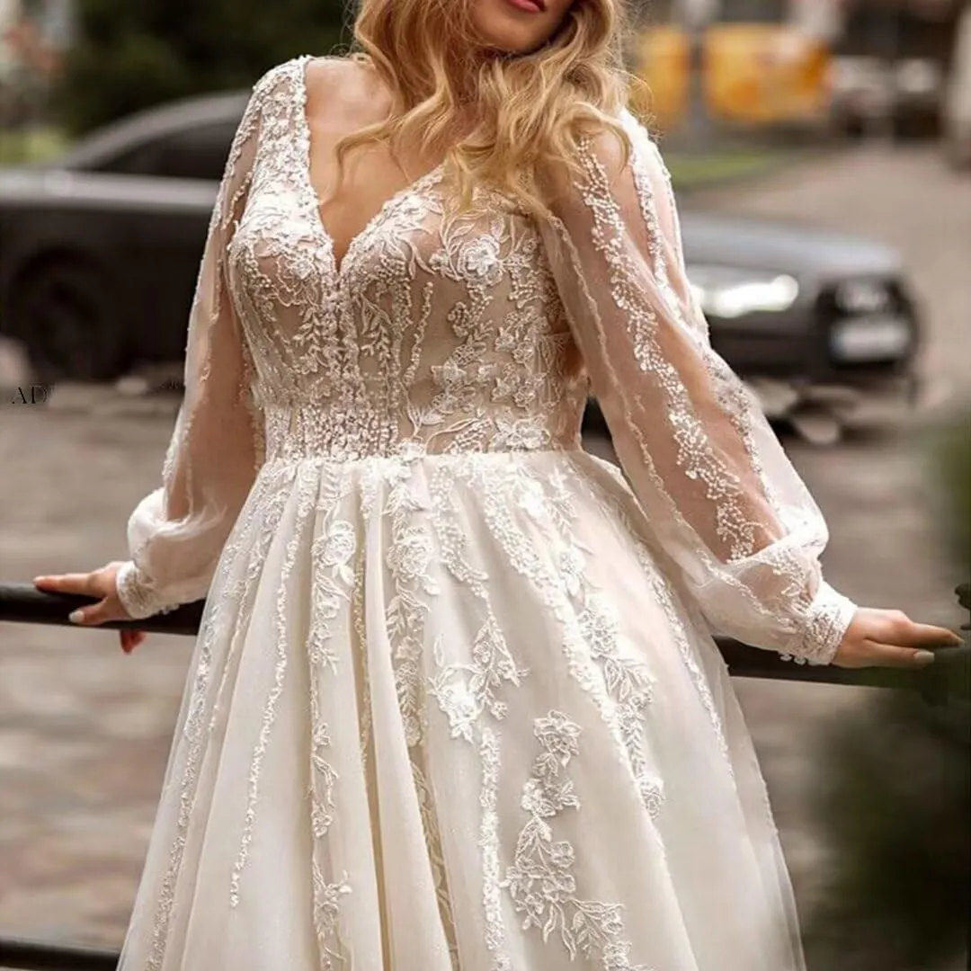 Elegant A Line Plus Size Wedding Dress for Women with Lace Applique Tulle Bridal Gown