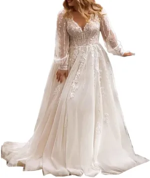 Elegant A Line Plus Size Wedding Dress for Women with Lace Applique Tulle Bridal Gown