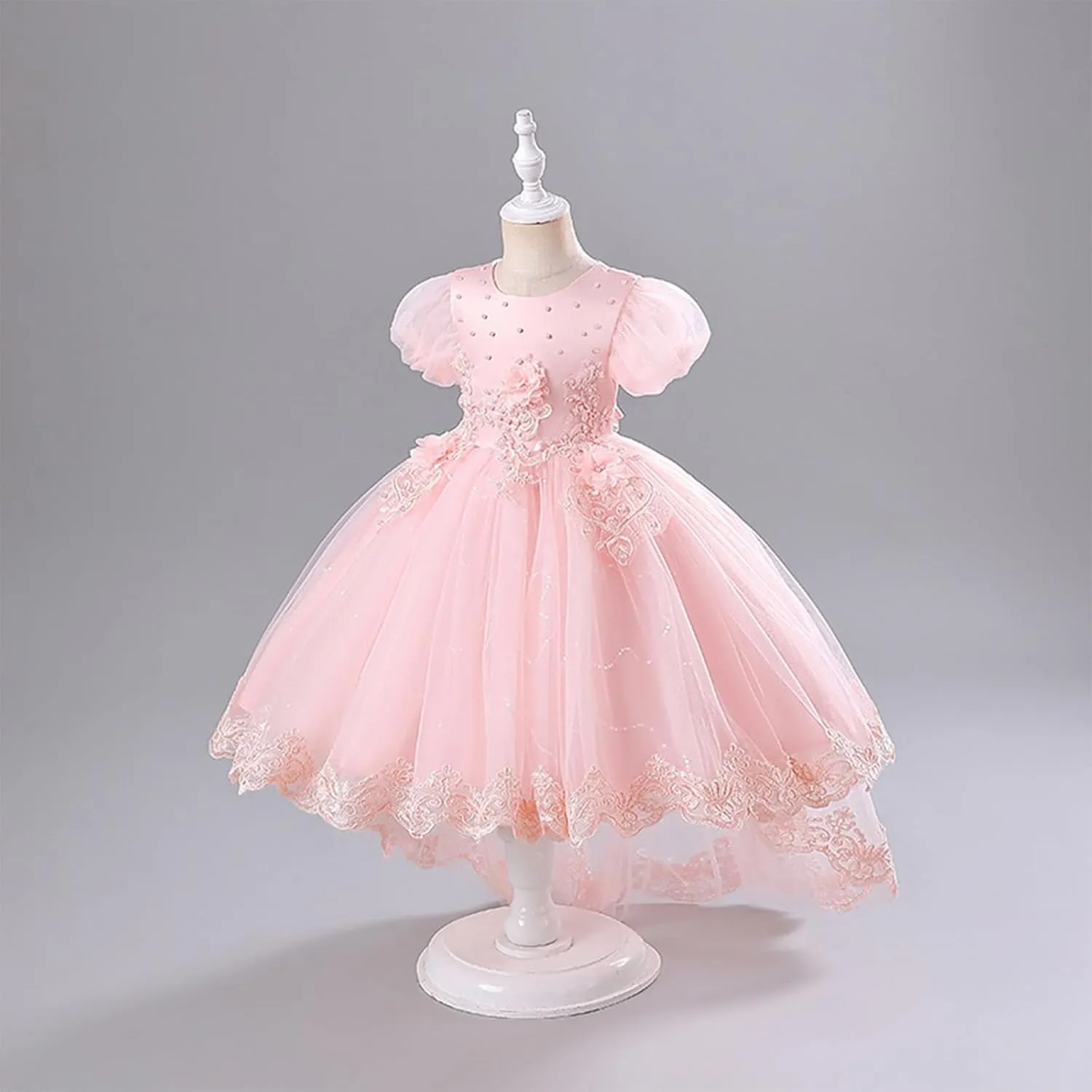 Elegant Lace Flower Girl Tulle Dress for Wedding Toddler Puff Sleeve Layered Birthday Party Princess Dresses