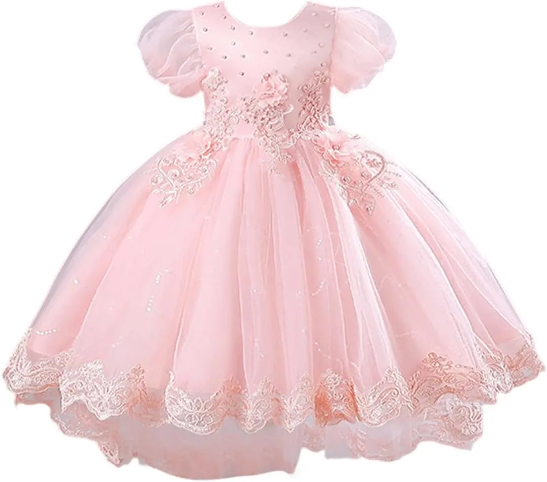 Elegant Lace Flower Girl Tulle Dress for Wedding Toddler Puff Sleeve Layered Birthday Party Princess Dresses
