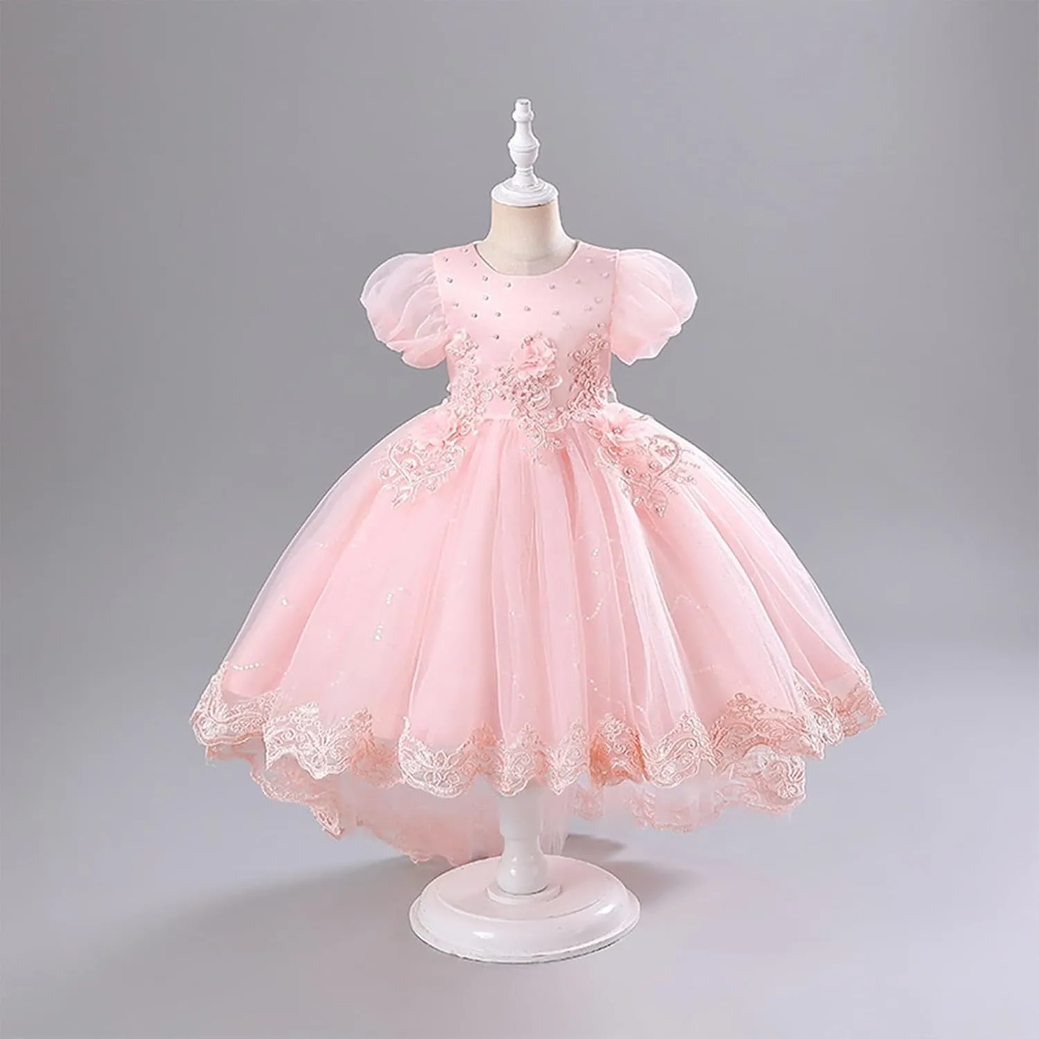 Elegant Lace Flower Girl Tulle Dress for Wedding Toddler Puff Sleeve Layered Birthday Party Princess Dresses