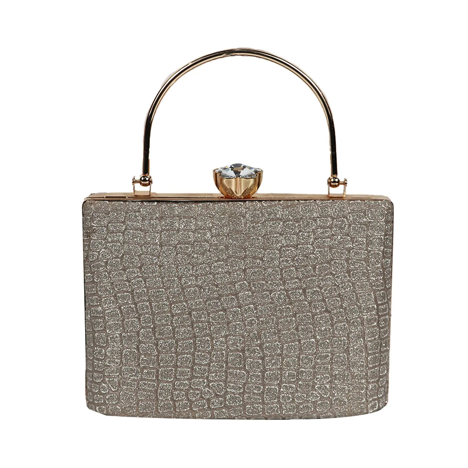 Elegant Silver Glitter Clutch – Luxe Croc-Texture Evening Bag with Gold Handle