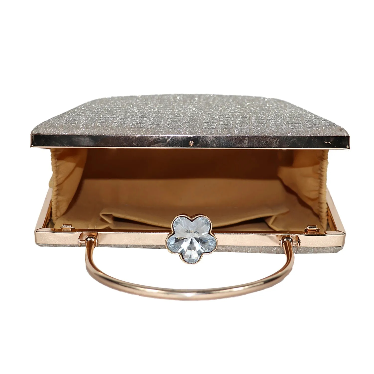 Elegant Silver Glitter Clutch – Luxe Croc-Texture Evening Bag with Gold Handle