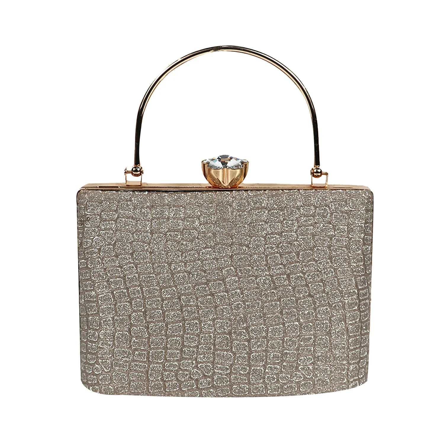 Elegant Silver Glitter Clutch – Luxe Croc-Texture Evening Bag with Gold Handle