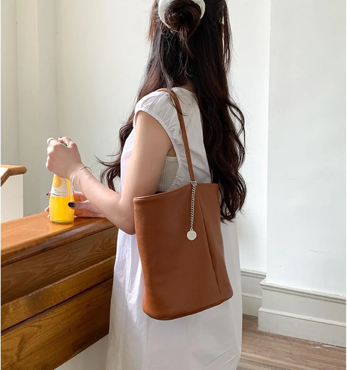 Elegant Solid Color Minimalist Soft Leather Bucket Bag,Women's Single Shoulder & Underarm Purse with Large Capacity