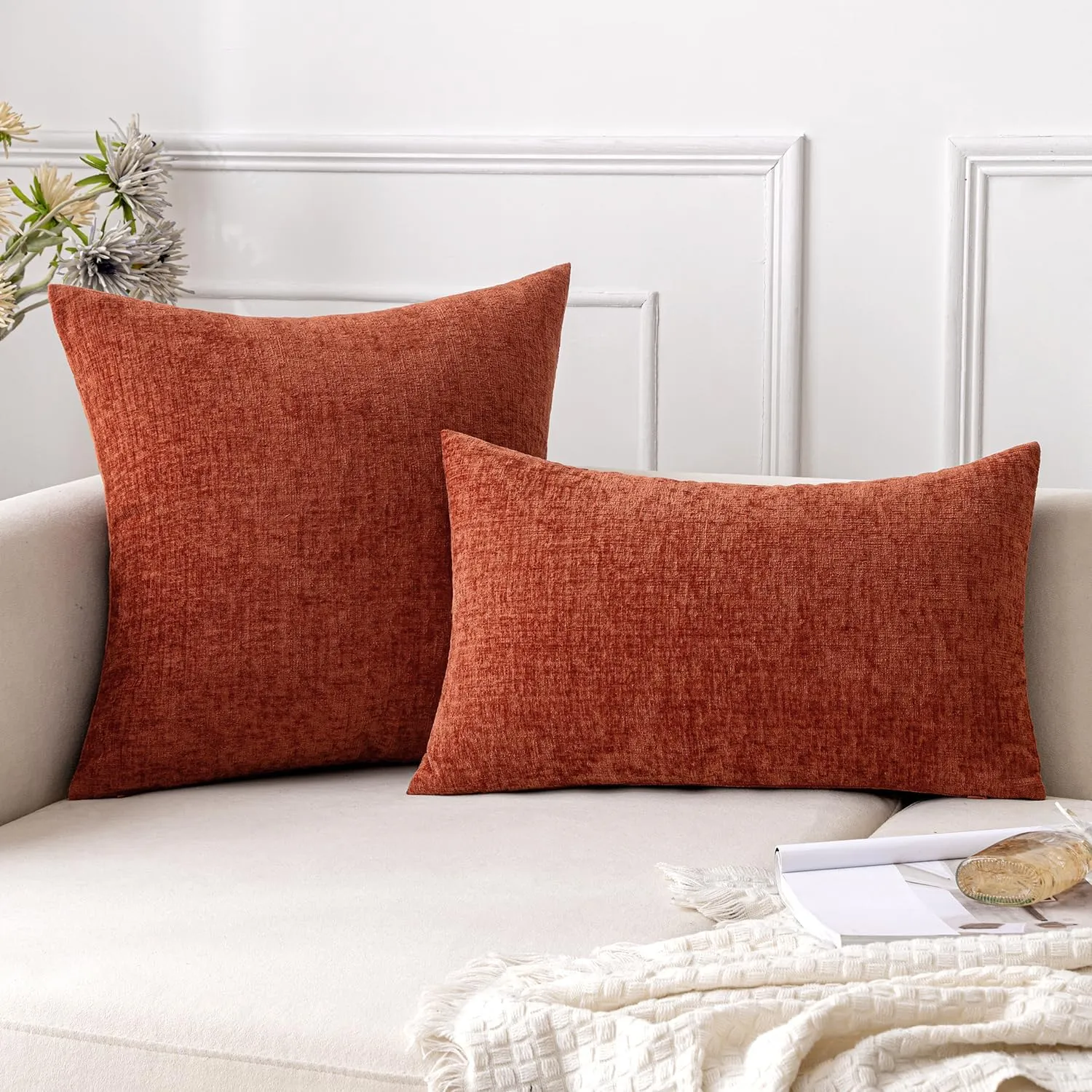 EMEMA Cushion Covers 20x20 Pack of 2 Fall Chenille Throw Pillow Covers Decorative Couch Pillow Covers Pillowcases for Bedroom Burnt Orange(Only Covers)