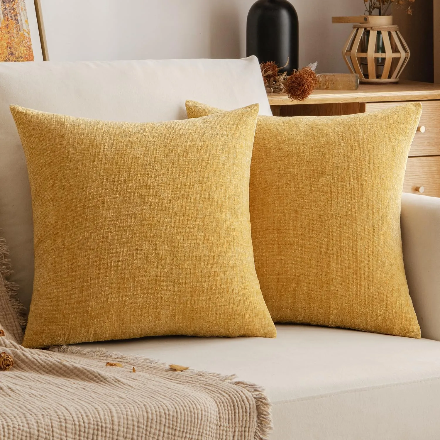 EMEMA Pillow Covers 20x20 Inch Pack of 2 Square Throw Pillow Covers Decorative Couch Pillow Covers Soft Chenille Cushion Covers for Sofa Bed Gold(Only Covers)