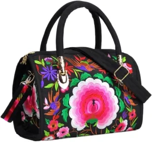 Ethnic Floral Embroidery Canvas Drum Bag Women's Handbag For Travel, Single Shoulder Crossbody, Handheld Embroidered