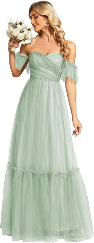 Ever-Pretty Women's Formal Dress Sweetheart Off-Shoulder Ruched Tulle Maxi Bridesmaid Dresses 50126