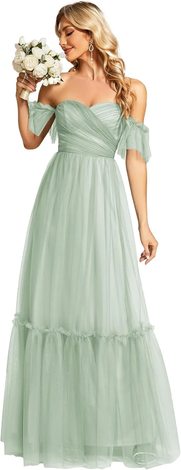 Ever-Pretty Women's Formal Dress Sweetheart Off-Shoulder Ruched Tulle Maxi Bridesmaid Dresses 50126
