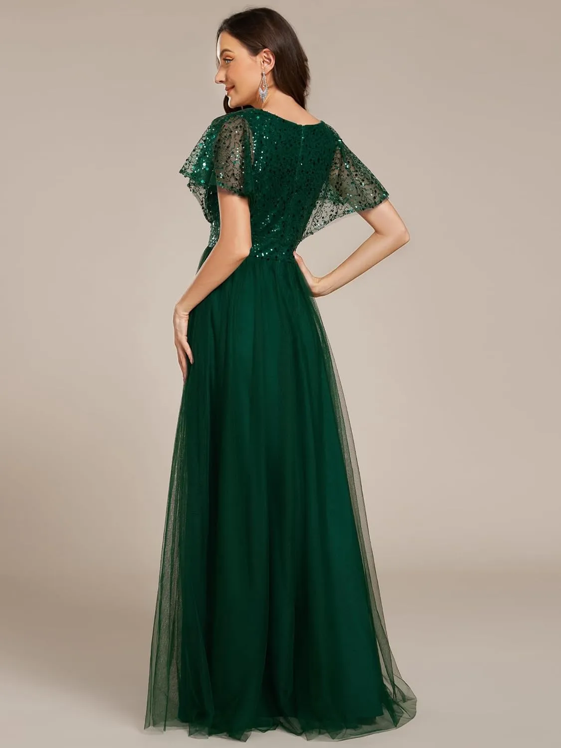 Ever-Pretty Women's V Neck Evening Dresses Ruffles Sleeves Sequin Empire Waist A-Line Maxi Formal Dresses 02223