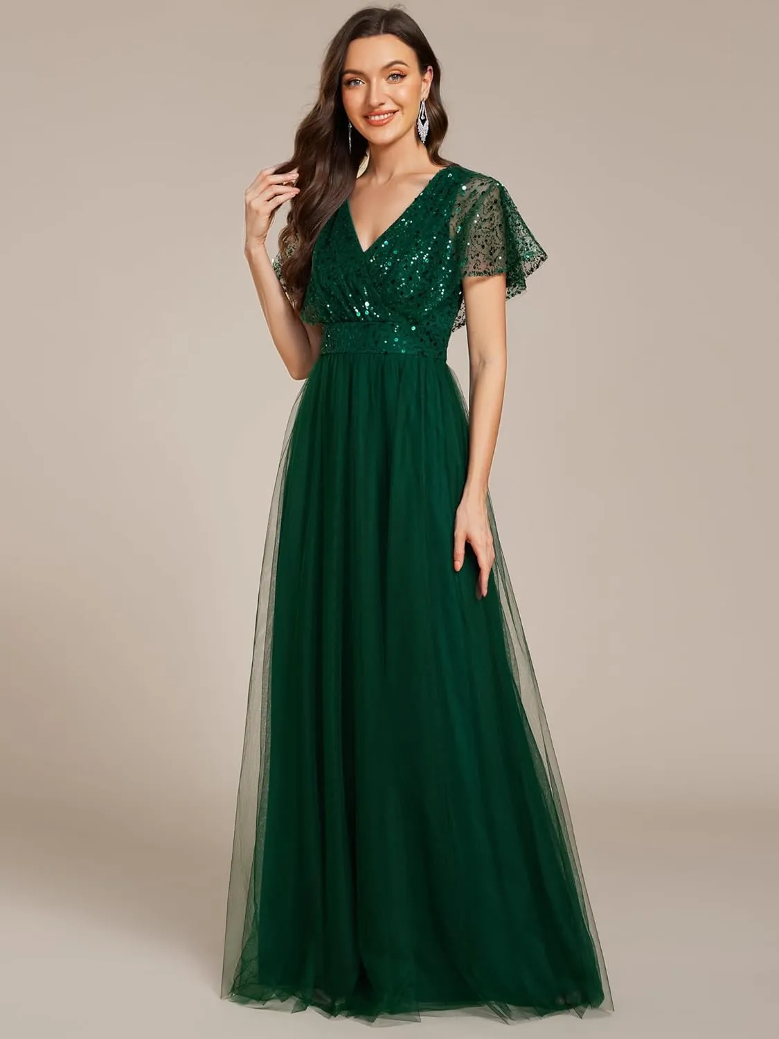 Ever-Pretty Women's V Neck Evening Dresses Ruffles Sleeves Sequin Empire Waist A-Line Maxi Formal Dresses 02223