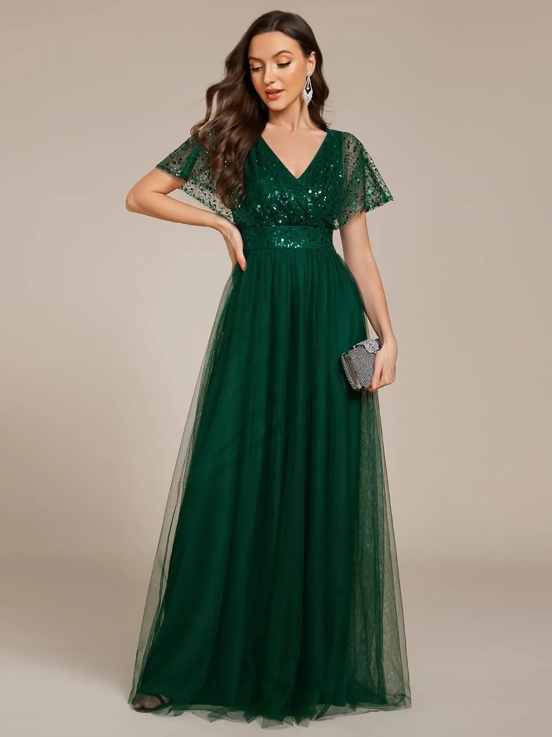Ever-Pretty Women's V Neck Evening Dresses Ruffles Sleeves Sequin Empire Waist A-Line Maxi Formal Dresses 02223