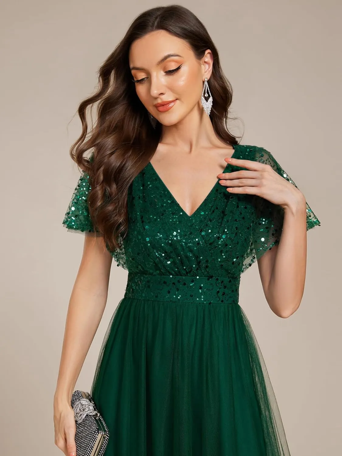 Ever-Pretty Women's V Neck Evening Dresses Ruffles Sleeves Sequin Empire Waist A-Line Maxi Formal Dresses 02223