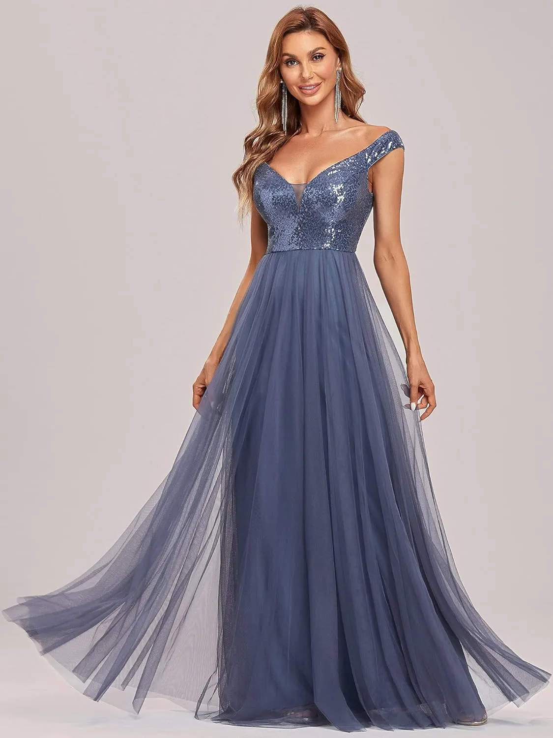 Ever-Pretty Womens V Neck Sequin Tulle A Line Evening Formal Dress 00279