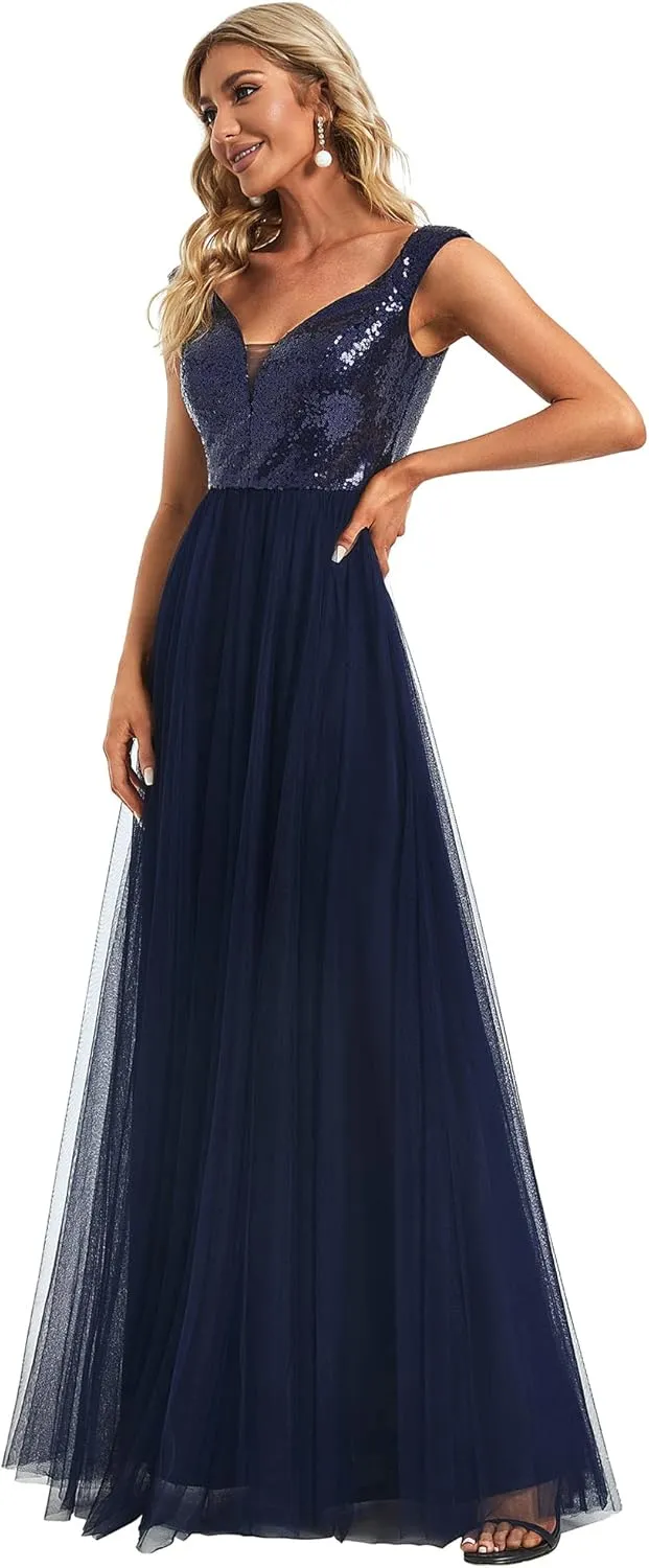 Ever-Pretty Womens V Neck Sequin Tulle A Line Evening Formal Dress 00279