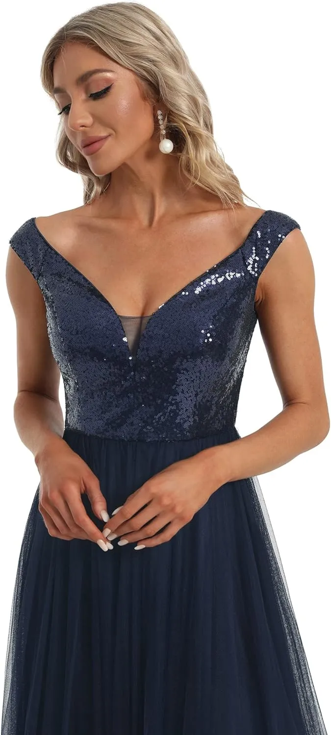 Ever-Pretty Womens V Neck Sequin Tulle A Line Evening Formal Dress 00279
