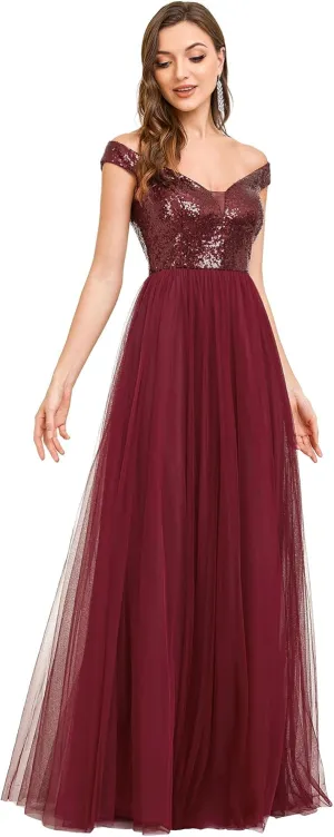 Ever-Pretty Womens V Neck Sequin Tulle A Line Evening Formal Dress 00279