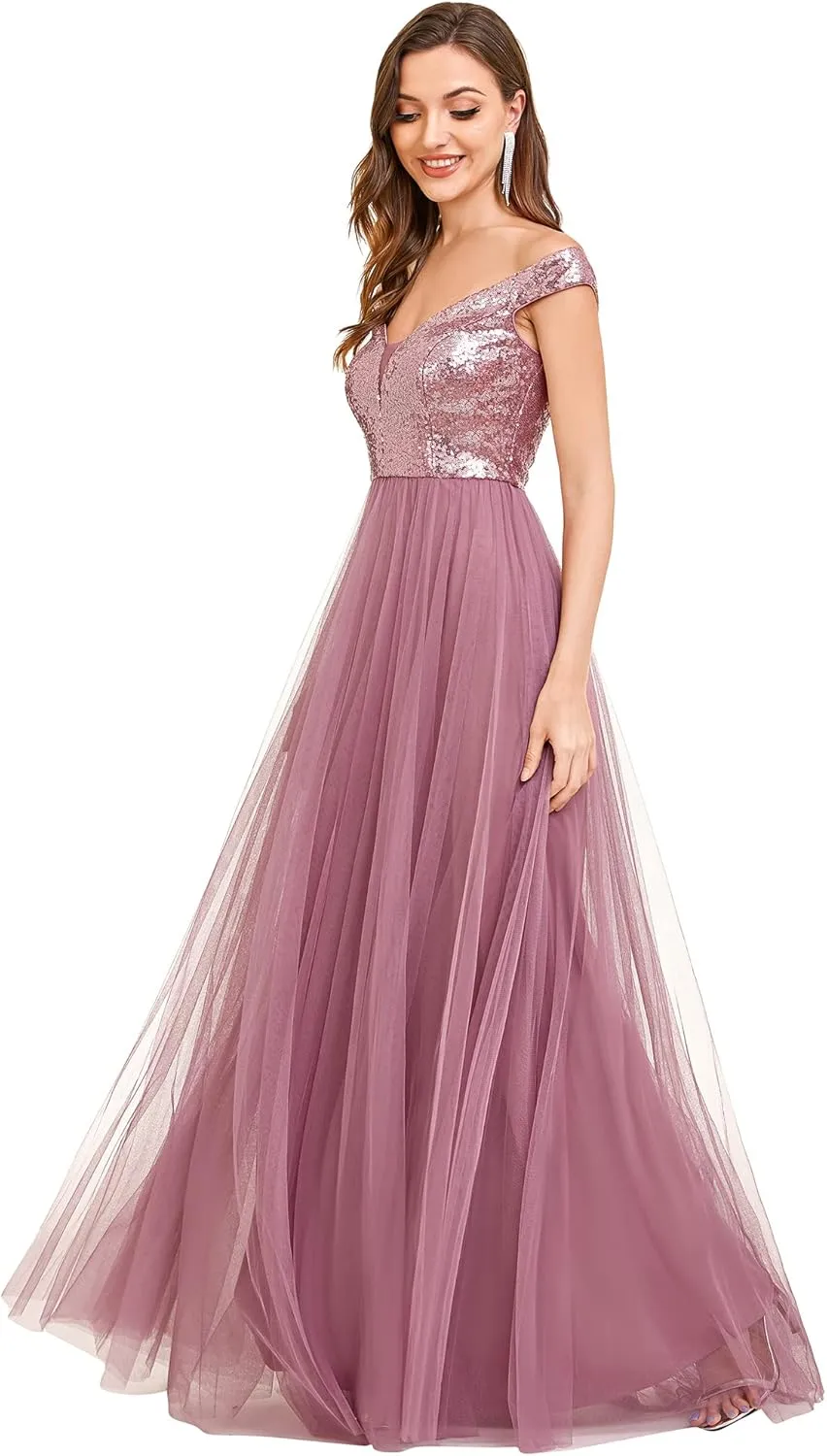 Ever-Pretty Womens V Neck Sequin Tulle A Line Evening Formal Dress 00279