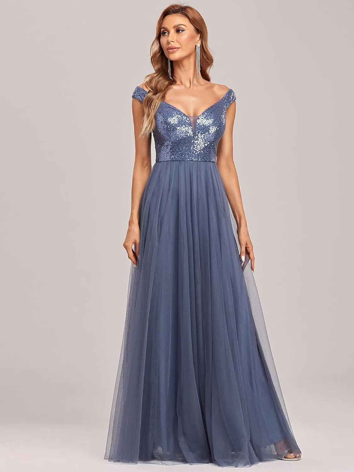 Ever-Pretty Womens V Neck Sequin Tulle A Line Evening Formal Dress 00279
