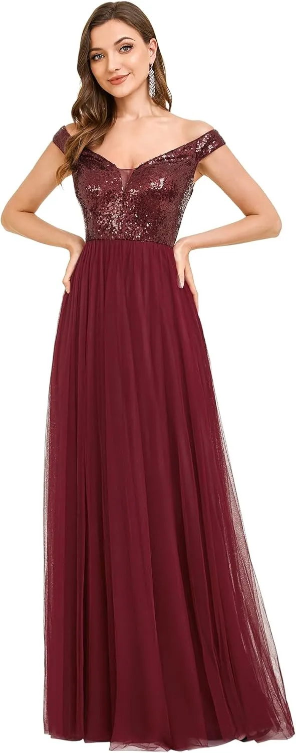 Ever-Pretty Womens V Neck Sequin Tulle A Line Evening Formal Dress 00279