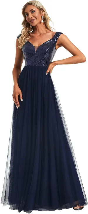Ever-Pretty Womens V Neck Sequin Tulle A Line Evening Formal Dress 00279