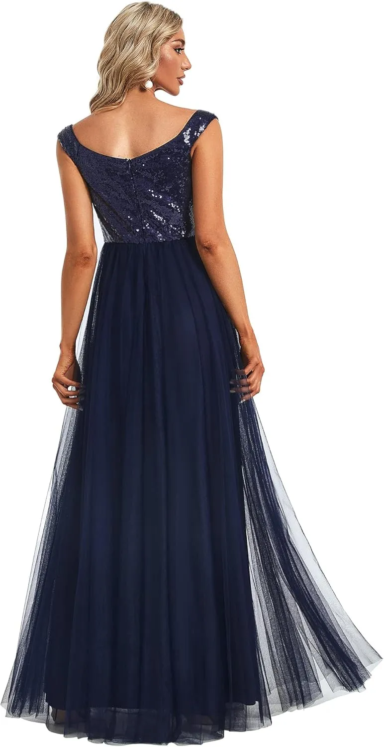 Ever-Pretty Womens V Neck Sequin Tulle A Line Evening Formal Dress 00279