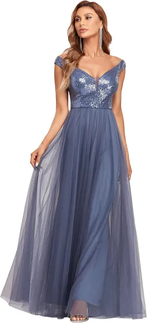 Ever-Pretty Womens V Neck Sequin Tulle A Line Evening Formal Dress 00279