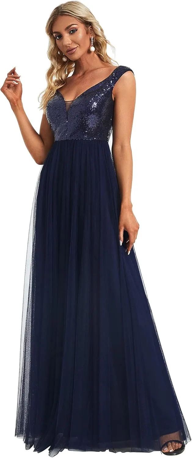 Ever-Pretty Womens V Neck Sequin Tulle A Line Evening Formal Dress 00279
