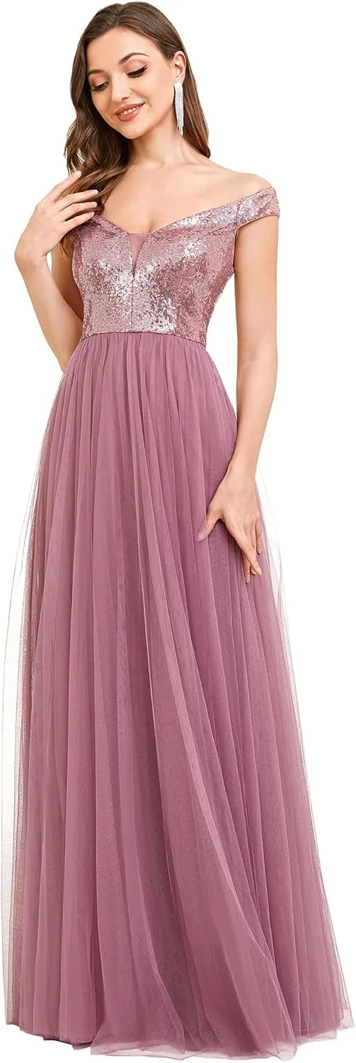 Ever-Pretty Womens V Neck Sequin Tulle A Line Evening Formal Dress 00279