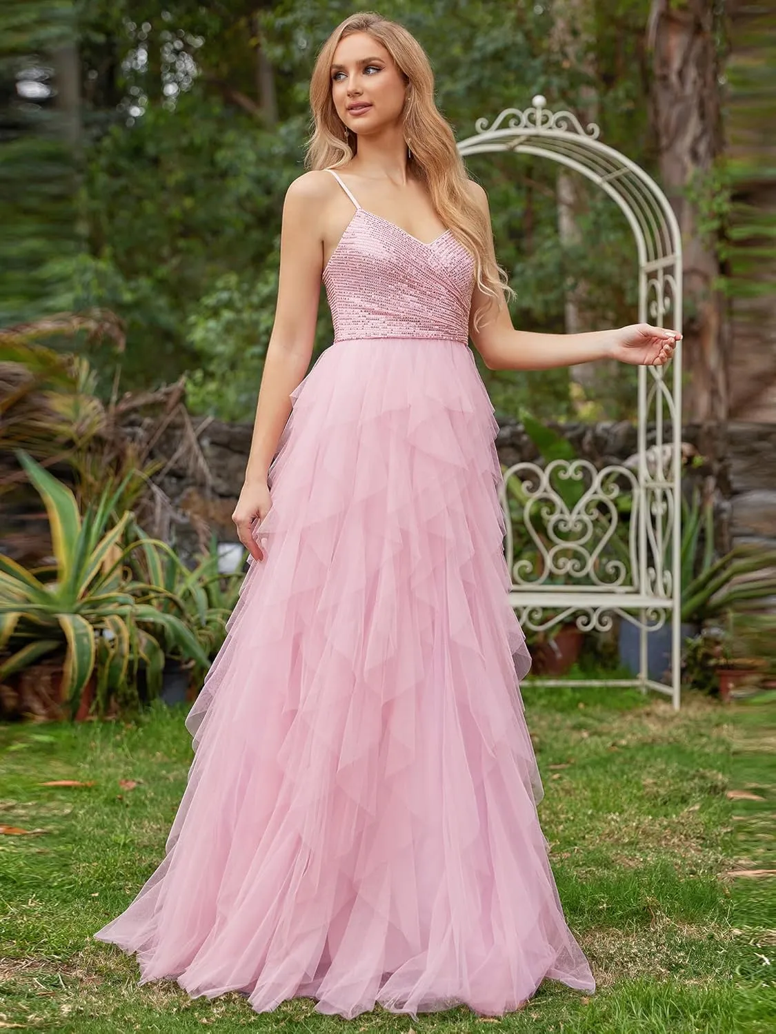 Ever-Pretty Women's V Neck Tulle Prom Dresses 2025 Spaghetti Straps Sequin Long Formal Party Gowns