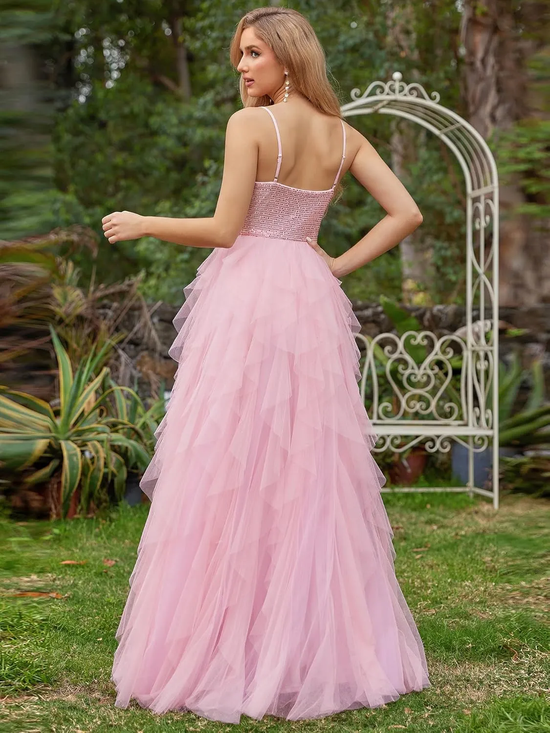 Ever-Pretty Women's V Neck Tulle Prom Dresses 2025 Spaghetti Straps Sequin Long Formal Party Gowns