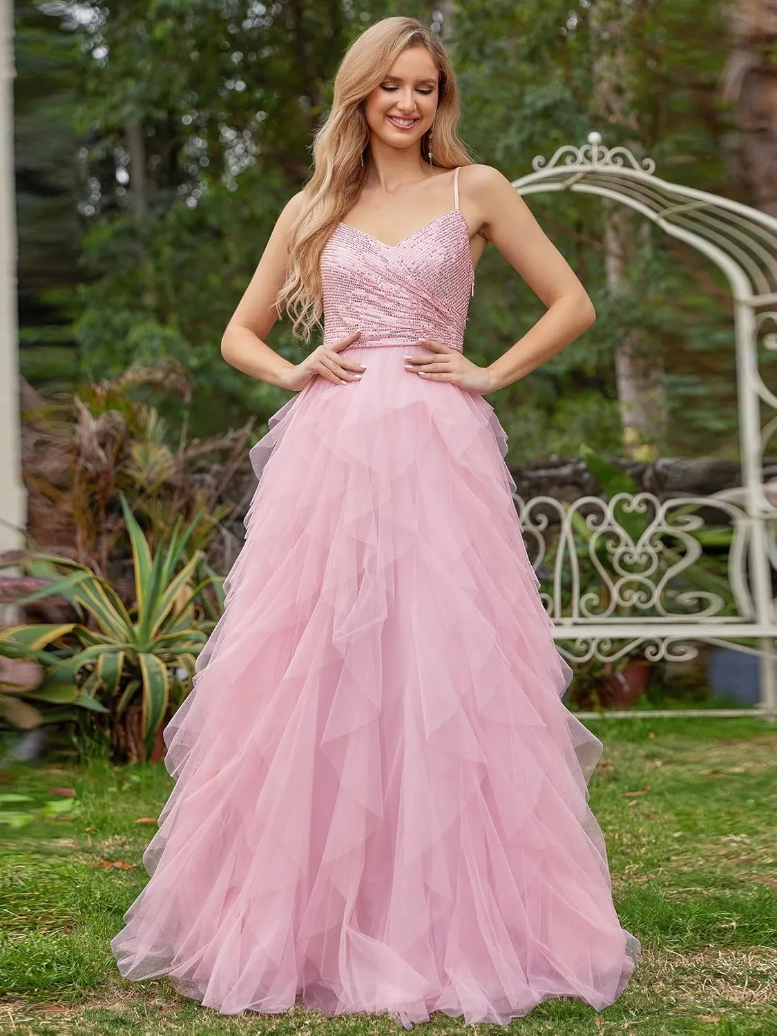 Ever-Pretty Women's V Neck Tulle Prom Dresses 2025 Spaghetti Straps Sequin Long Formal Party Gowns