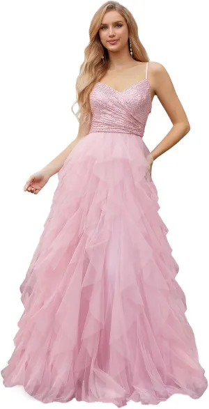 Ever-Pretty Women's V Neck Tulle Prom Dresses 2025 Spaghetti Straps Sequin Long Formal Party Gowns