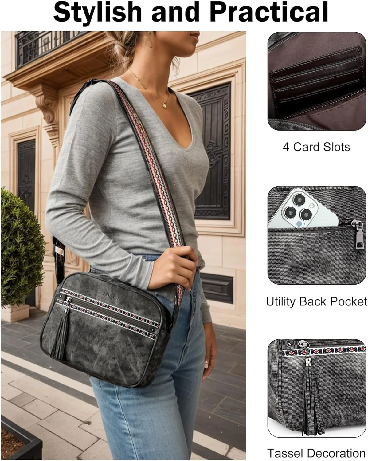 FADEON Crossbody Bags for Women Designer Vegan Leather Crossbody Purse Multi-pocket Medium Shoulder Bag with Card Slots