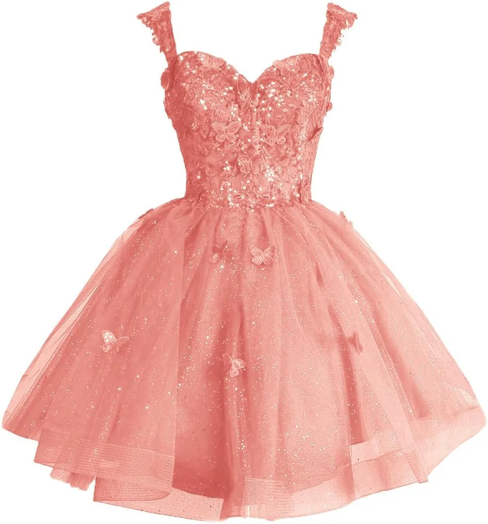 Fanciest Off Shoulder Glitter Tulle Homecoming Dresses for Teens 3D Butterfly Short Prom Dress Sequin Quinceanera Dresses