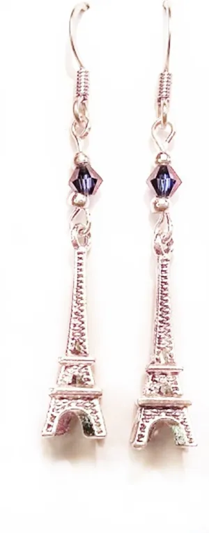 Fashionably French in Violet - Silvertone Eiffel Tower Charm and Crystal Drop Earrings